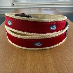 Southern Tide Red and Cream Embroidered Fish Canvas Belt